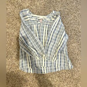 KNOX ROSE Blue Woven Stripe Peasant Top Blouse V-Neck Puff Sleeve Cotton Size XL